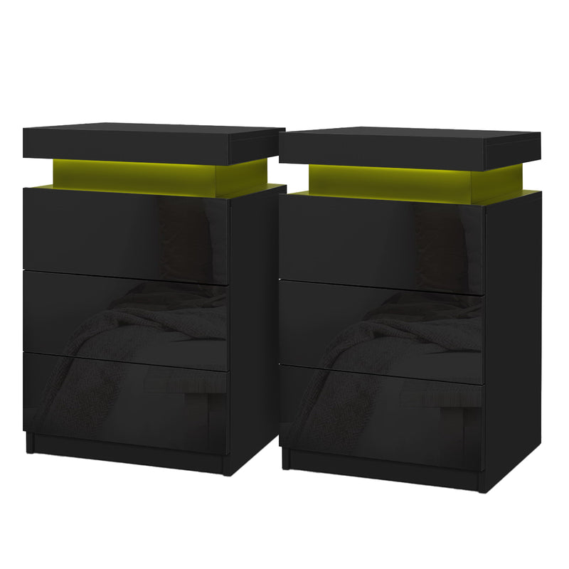 Artiss COLEY LED Bedside Table 3 Drawer – Black (2 Pack)