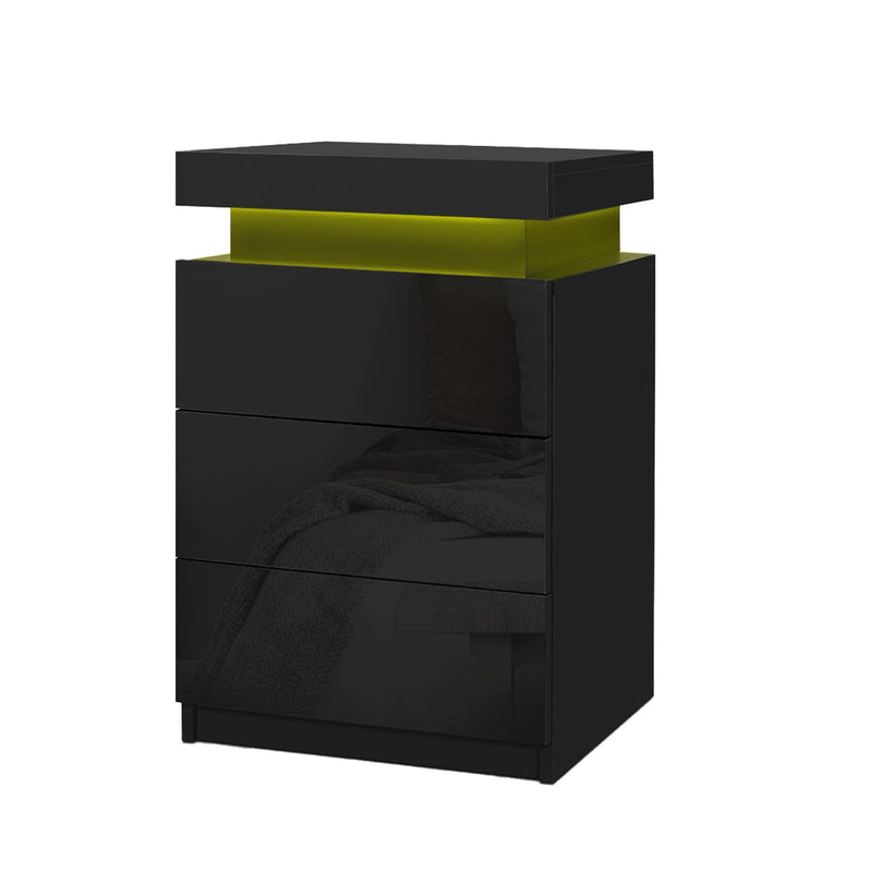 Artiss COLEY LED Bedside Table 3 Drawer – Black (2 Pack)