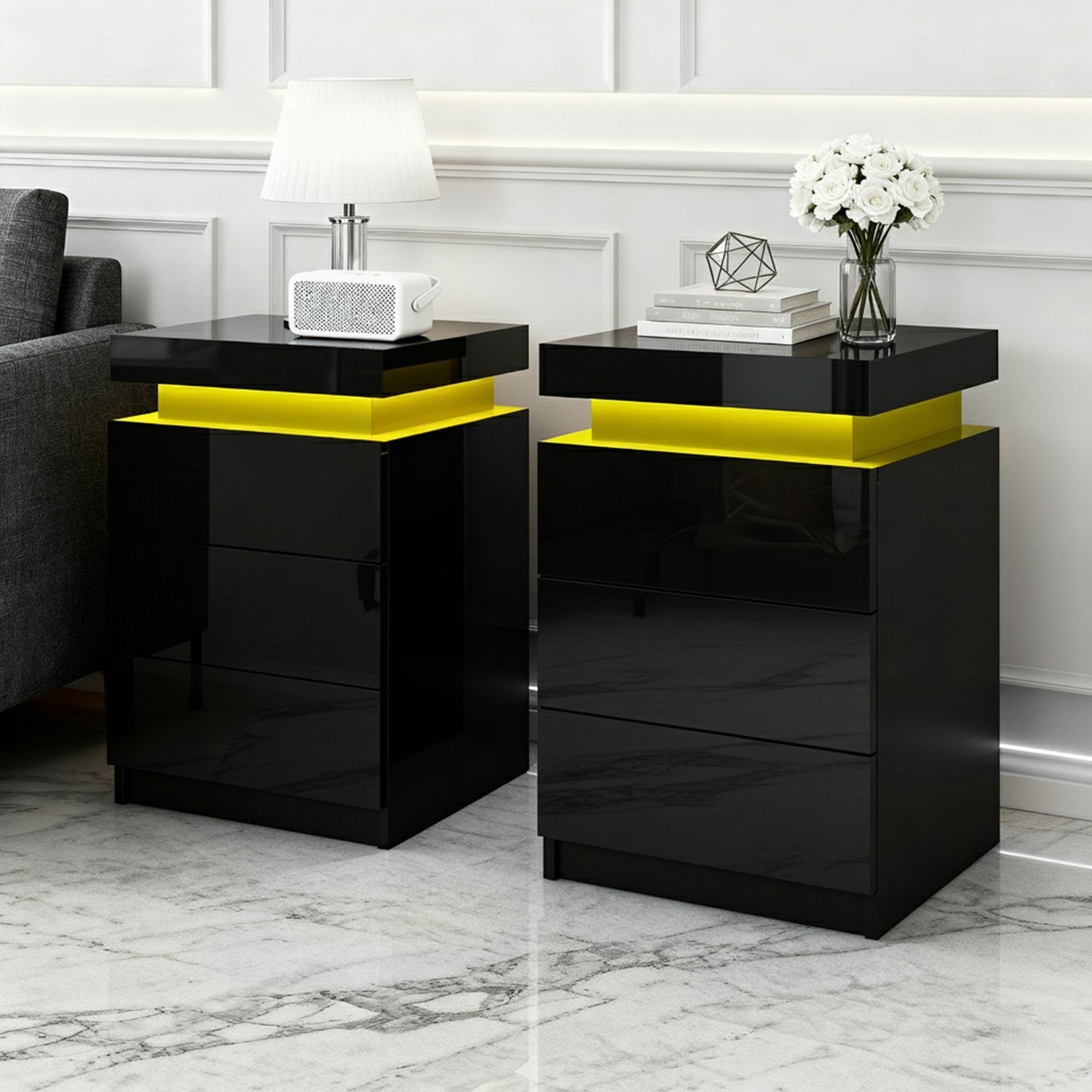 Artiss COLEY LED Bedside Table 3 Drawer – Black (2 Pack)