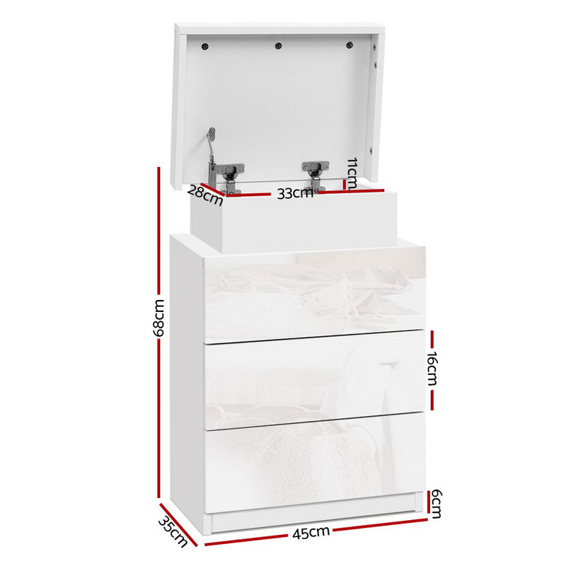 LED Bedside Table 3 Drawers - COLEY White