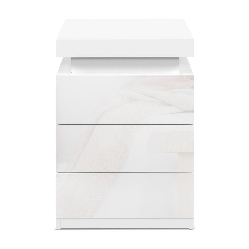 LED Bedside Table 3 Drawers - COLEY White