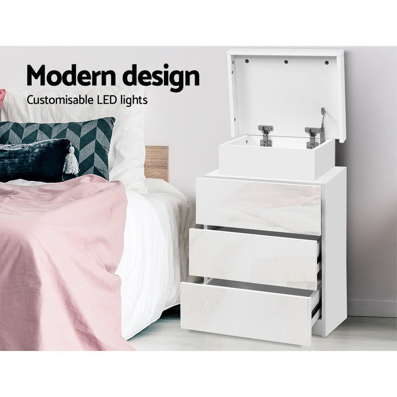 LED Bedside Table 3 Drawers - COLEY White