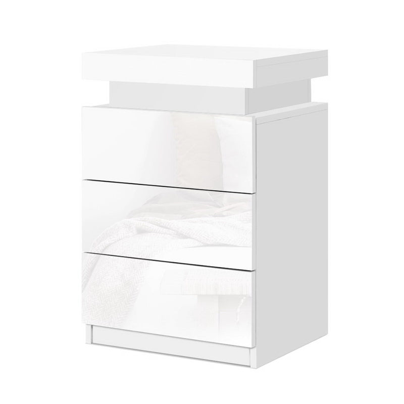 LED Bedside Table 3 Drawers - COLEY White