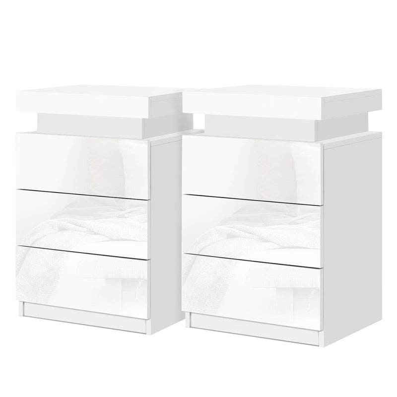 Artiss COLEY LED Bedside Table 3 Drawer – White (2 Pack)