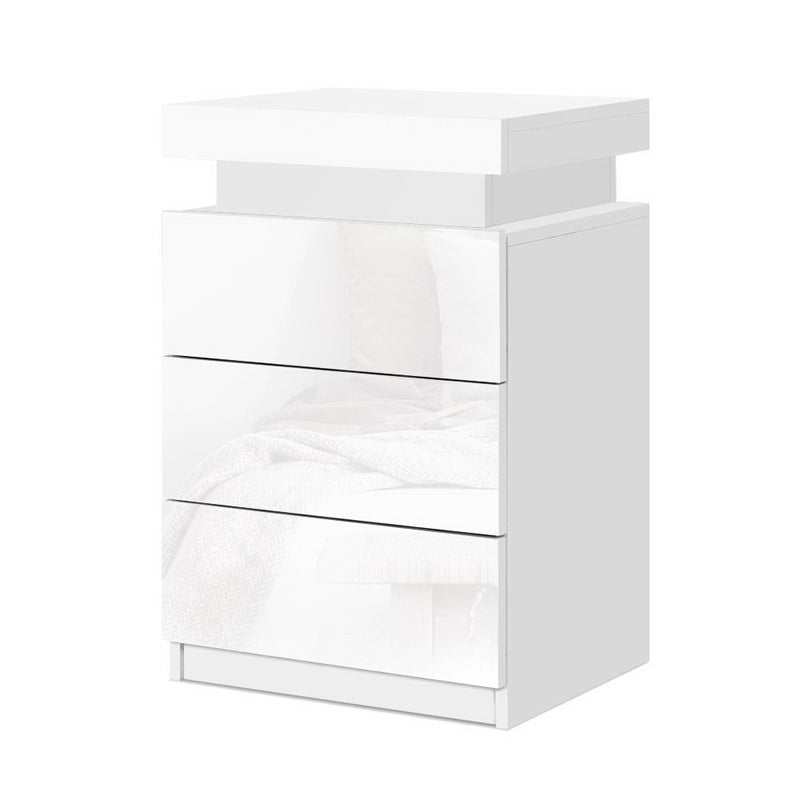 Artiss COLEY LED Bedside Table 3 Drawer – White (2 Pack)