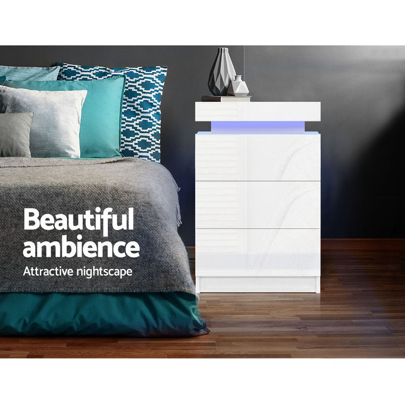 Artiss COLEY LED Bedside Table 3 Drawer – White (2 Pack)