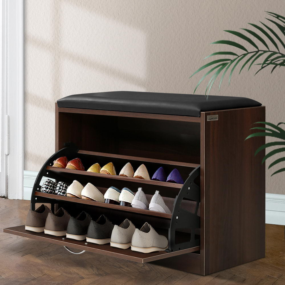 Artiss Shoe Bench Cabinet 15 Pairs Walnut