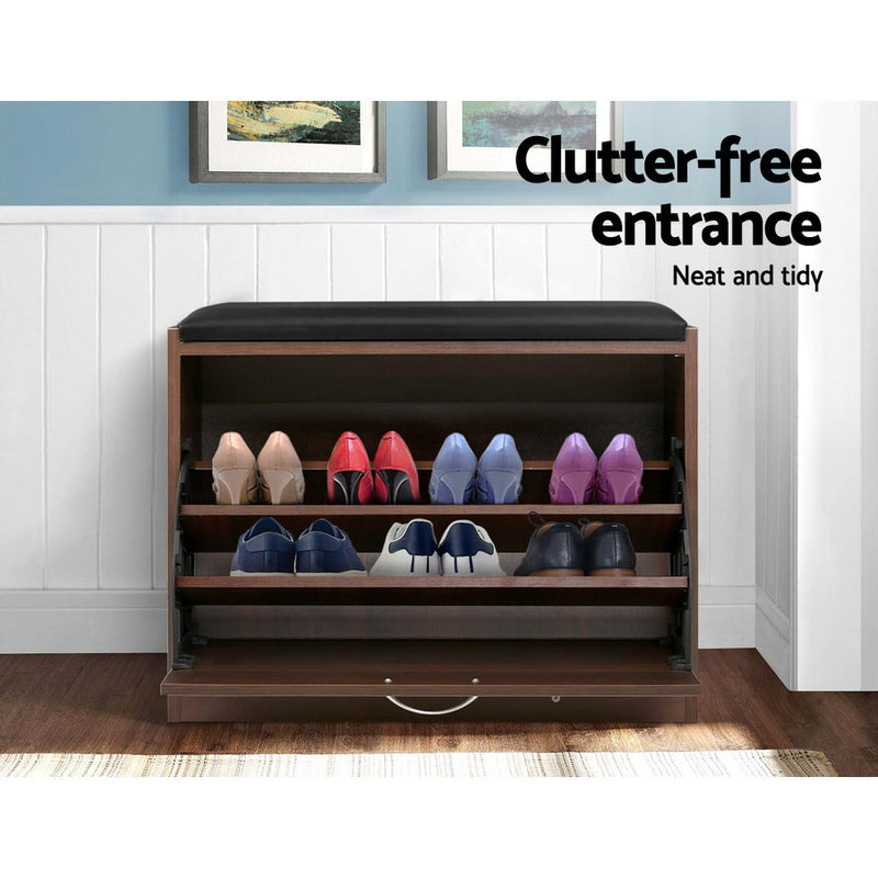 Artiss Shoe Bench Cabinet 15 Pairs Walnut