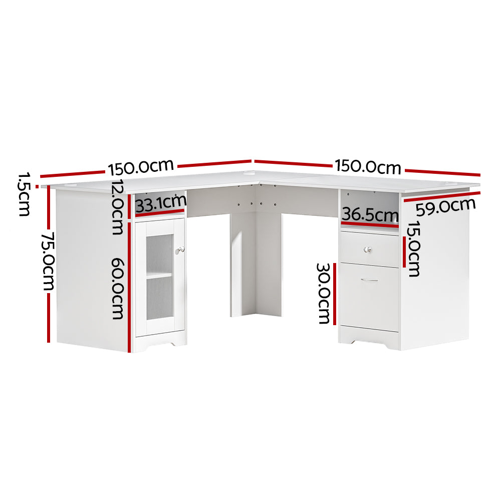 L-Shape Computer Desk with Shelf Cabinet – White 150CM