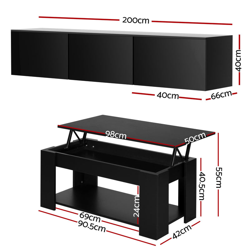 Artiss Floating TV Unit & Lift-Top Coffee Table Set – Black Gloss