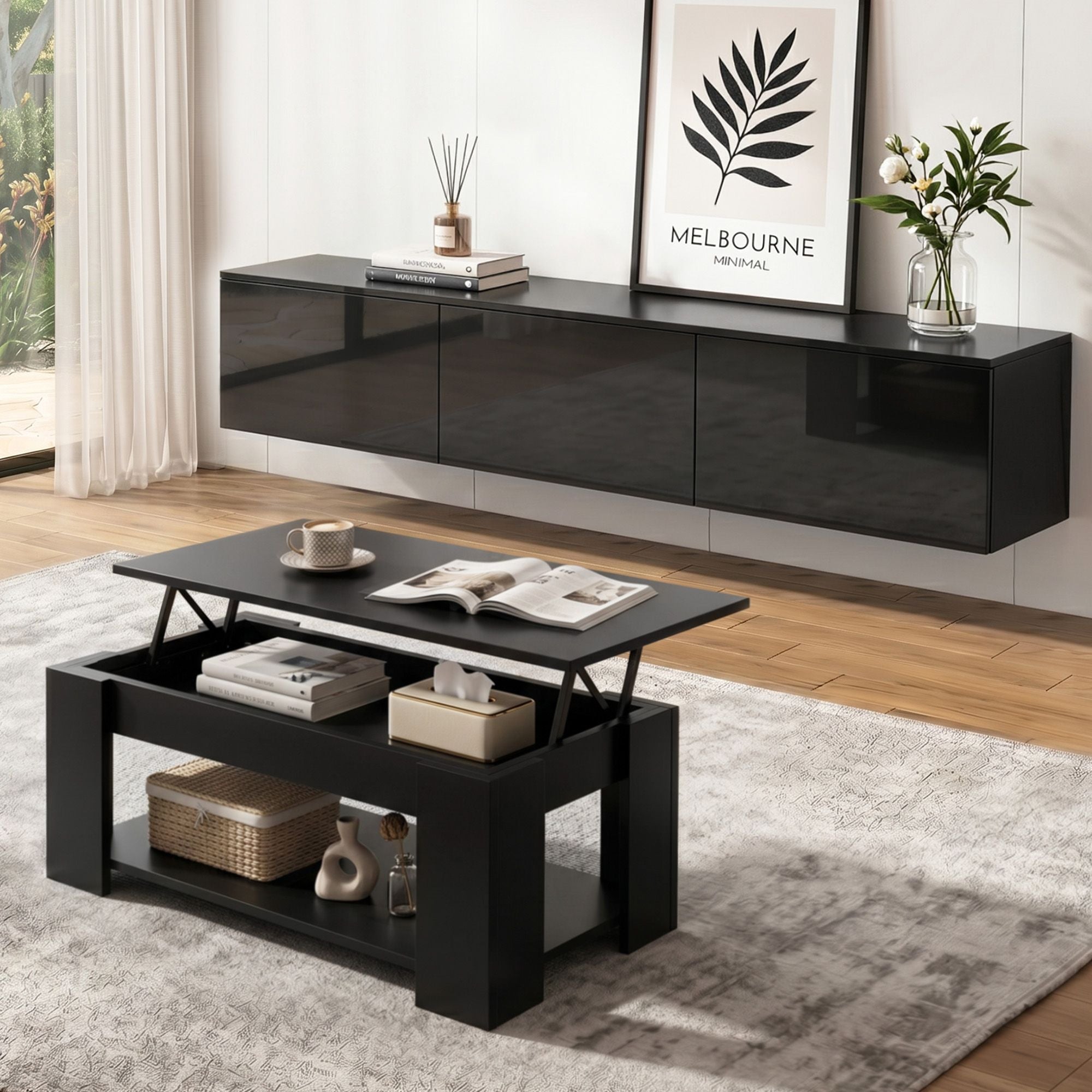 Artiss Floating TV Unit & Lift-Top Coffee Table Set – Black Gloss