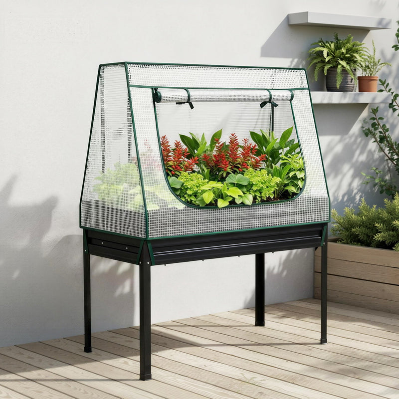 Green Fingers Elevated Metal Garden Bed w/ Mini Greenhouse 116×60 cm