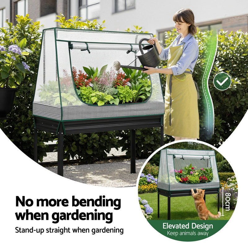 Green Fingers Elevated Metal Garden Bed w/ Mini Greenhouse 116×60 cm