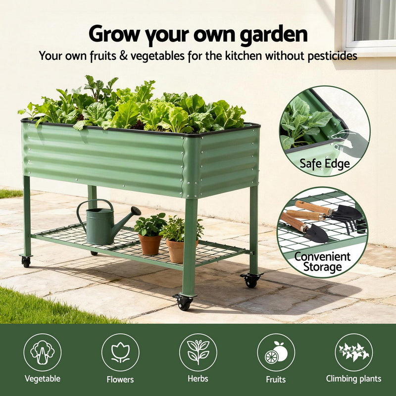 Portable Elevated Garden Bed w/ Wheels & Storage Shelf 115x60x81cm