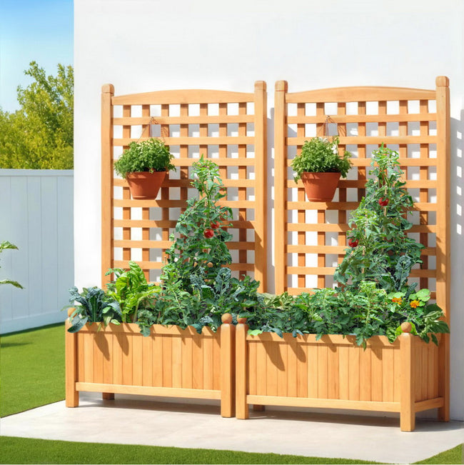 Green Fingers Wooden Garden Bed + Trellis (2‑Pack) 64×35×115 cm