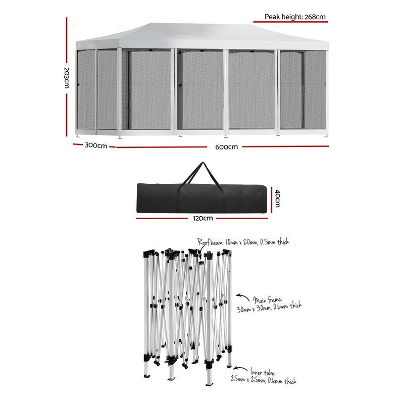 Instahut 3x6m Folding Pop Up Gazebo Mesh Wall White