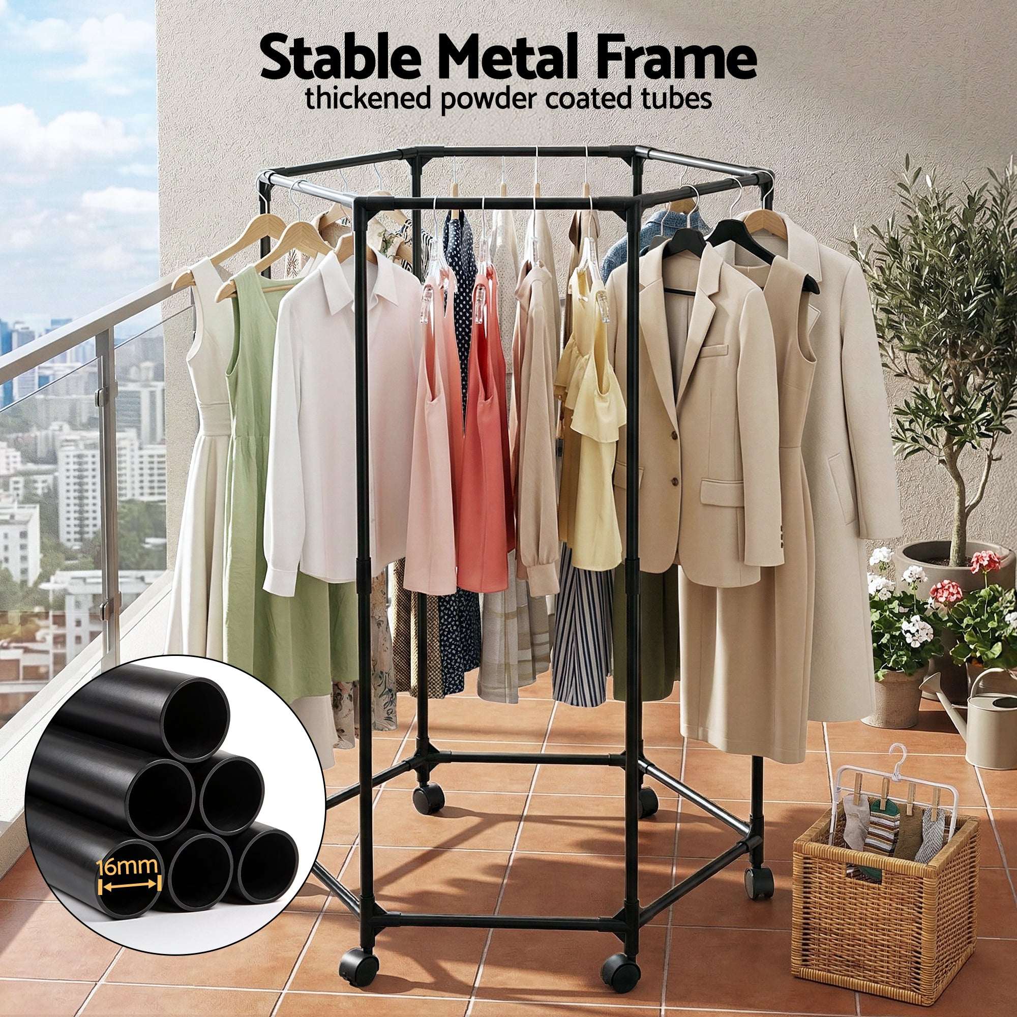 Artiss 6 Rod Rolling Clothes Rack Airer with Wheels