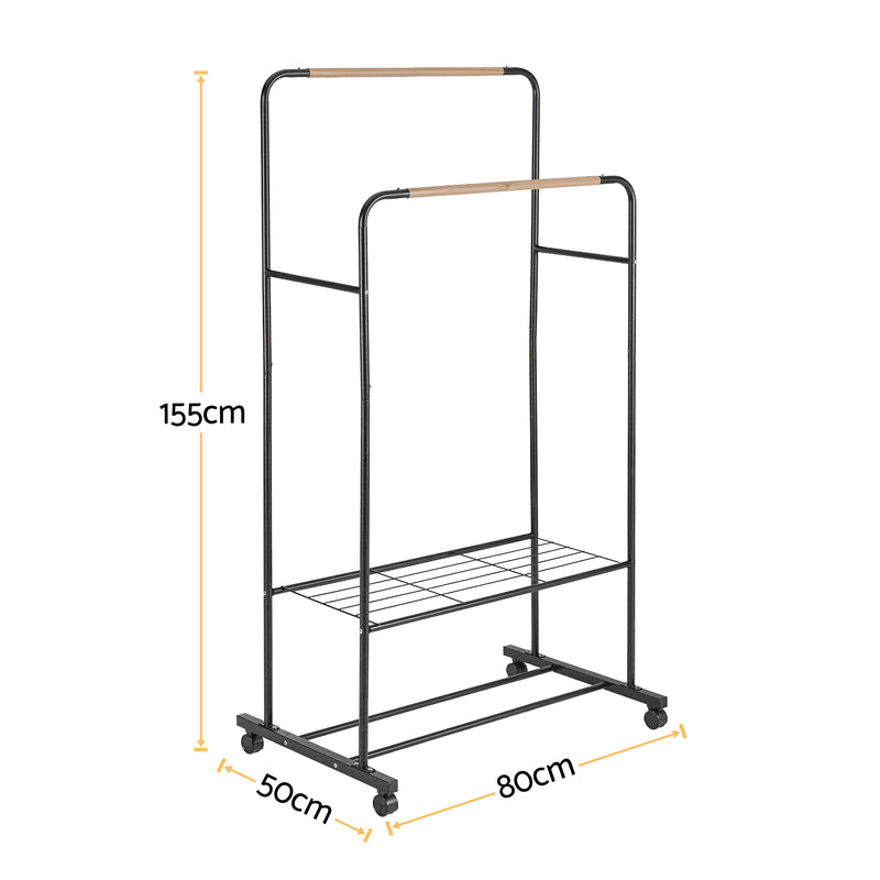 Artiss Double Rod Clothes Rack Airer with Storage Shelf