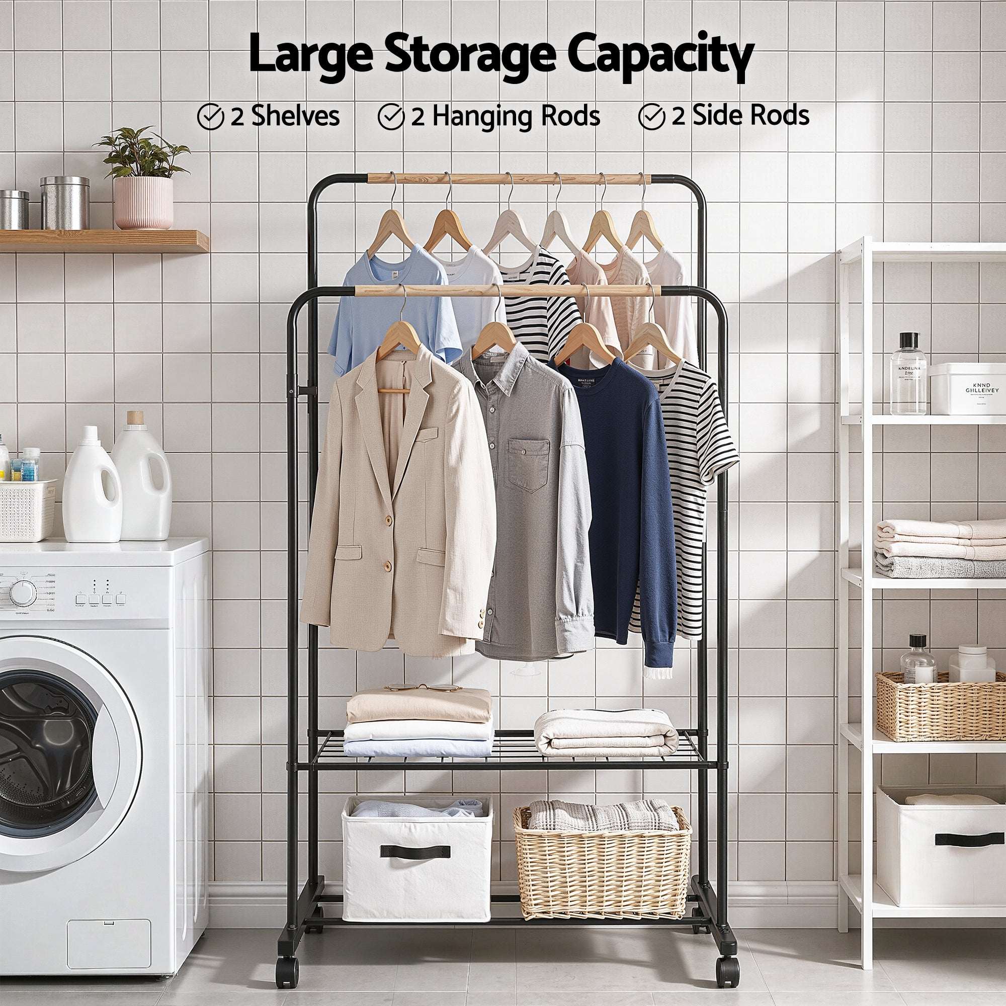 Artiss Double Rod Clothes Rack Airer with Storage Shelf