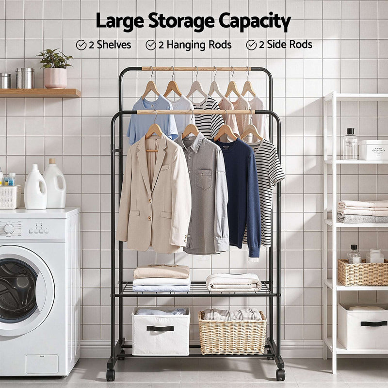 Artiss Double Rod Clothes Rack Airer with Storage Shelf