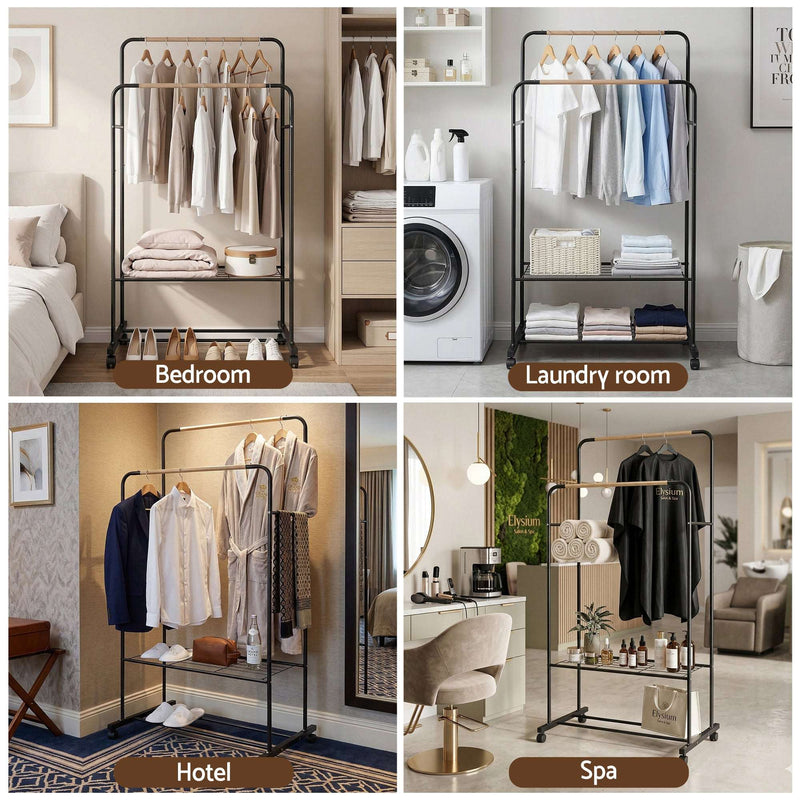 Artiss Double Rod Clothes Rack Airer with Storage Shelf