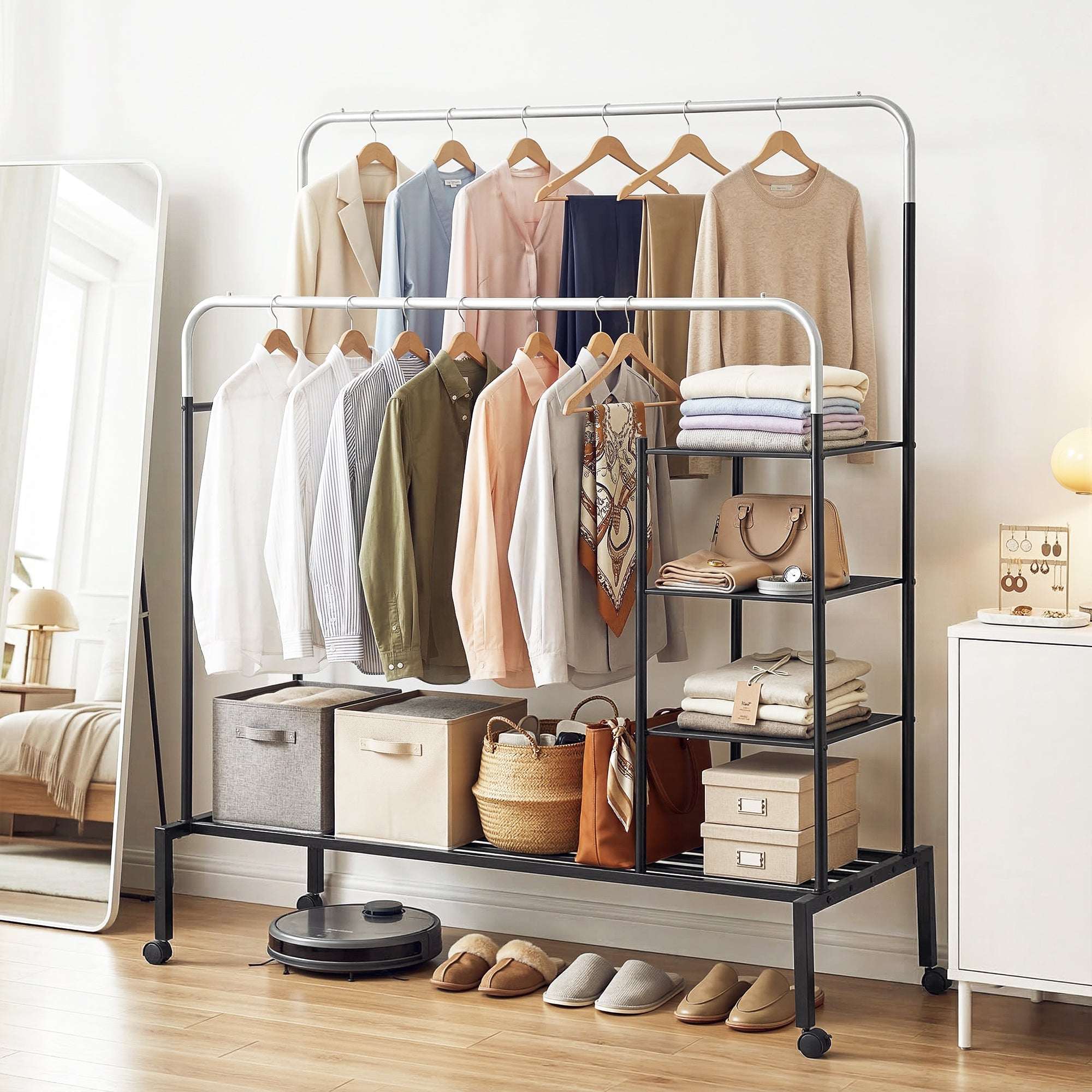 Artiss Double Rod Clothes Rack with Shelf