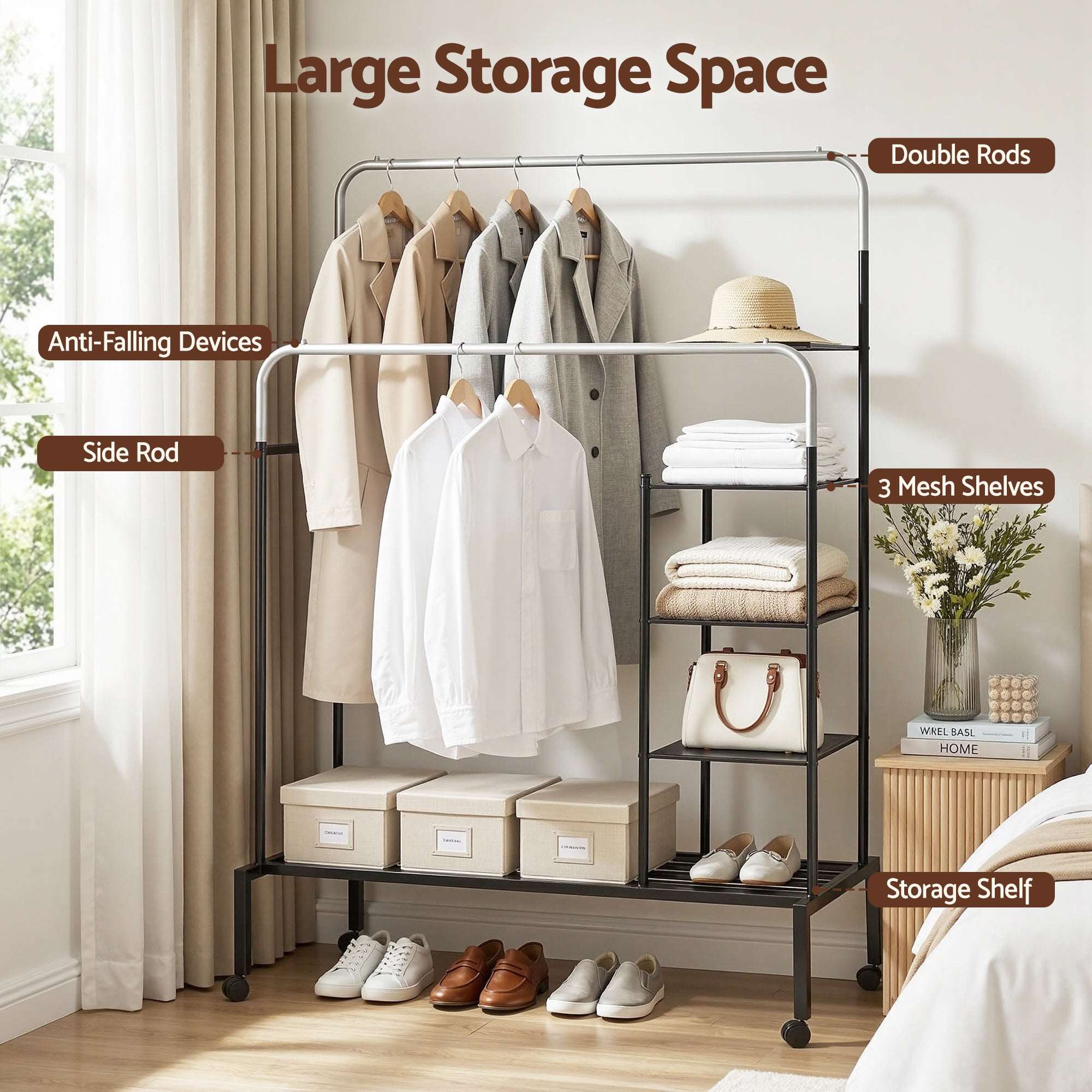 Artiss Double Rod Clothes Rack with Shelf