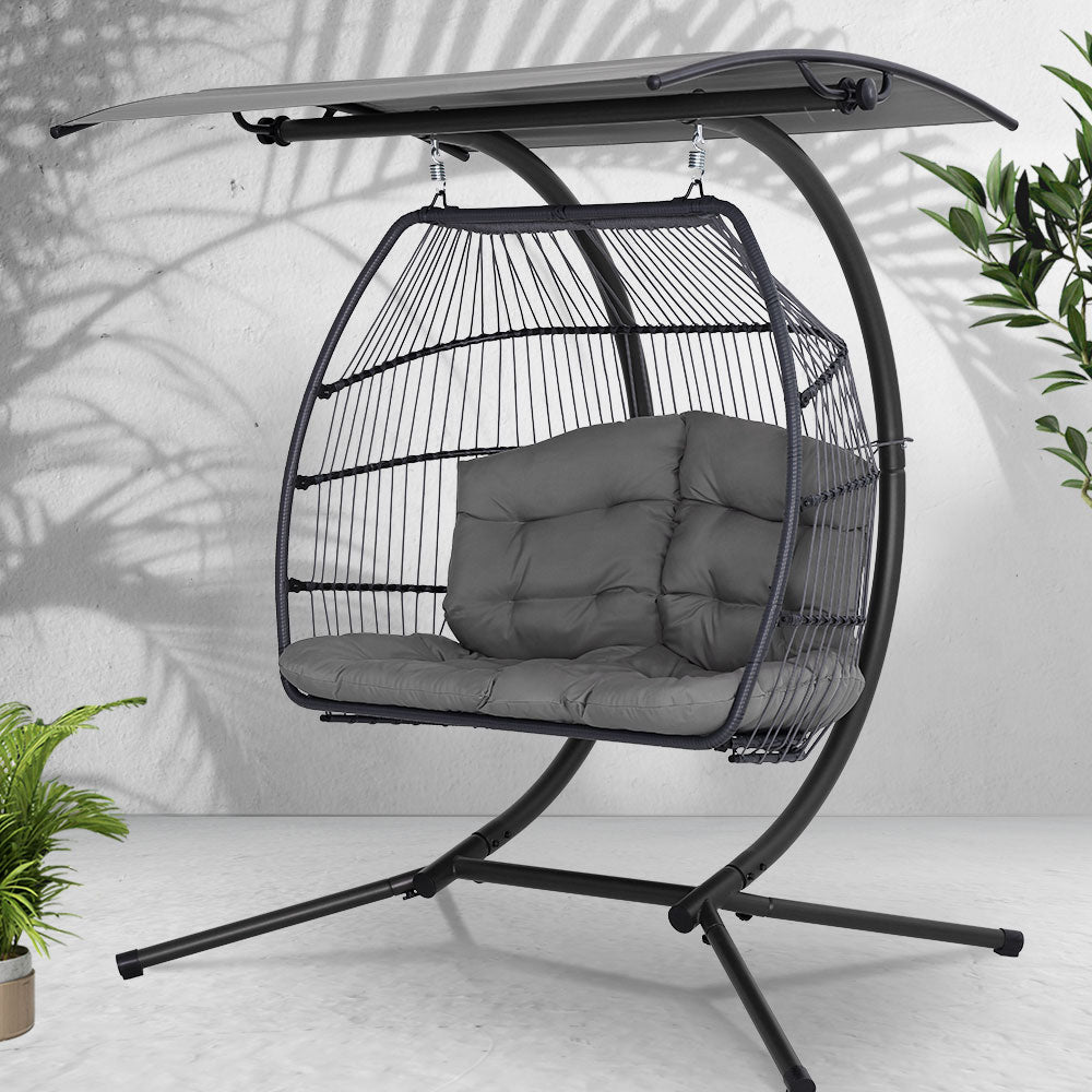 Gardeon 2-Seater Egg Swing Chair – Grey Wicker