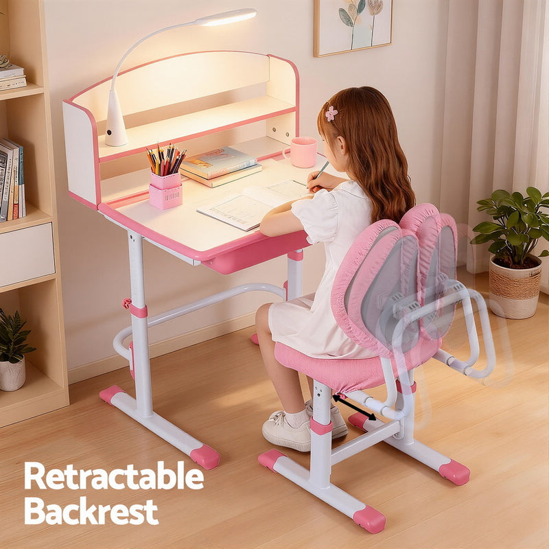 Kids Adjustable Study Desk & Chair Set with LED Lamp – Pink (Ergonomic Design)