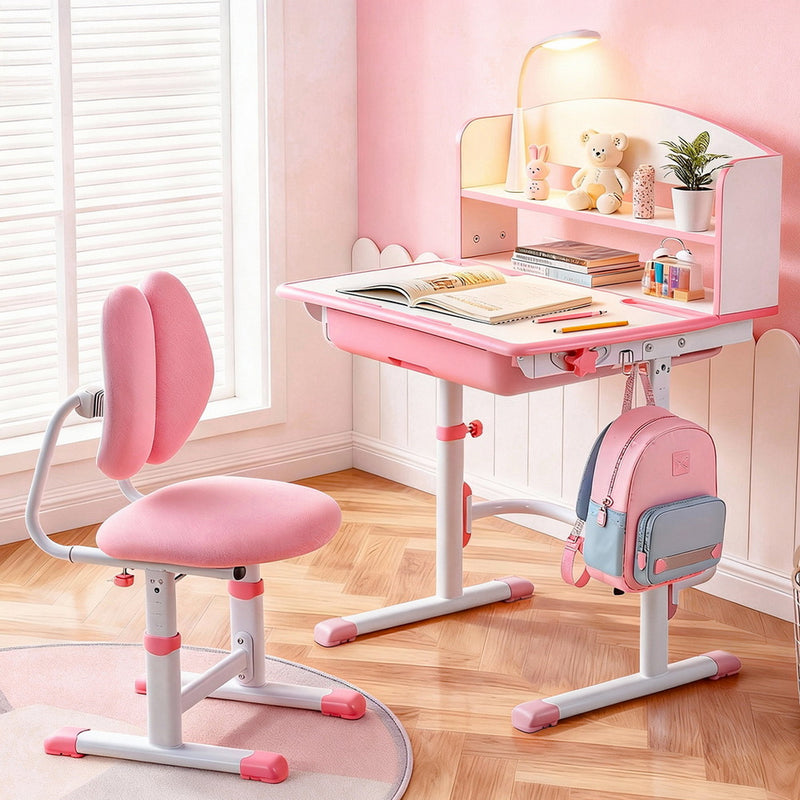 Kids Adjustable Study Desk & Chair Set with LED Lamp – Pink (Ergonomic Design)