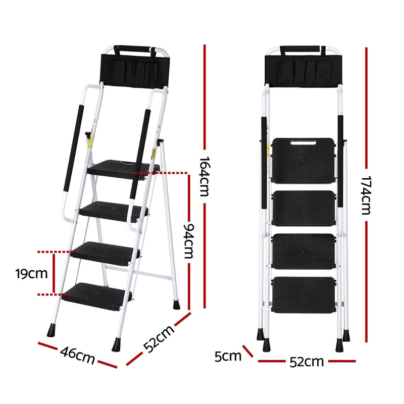 Giantz 4-Step Folding Ladder – Steel, Platform & Handrails