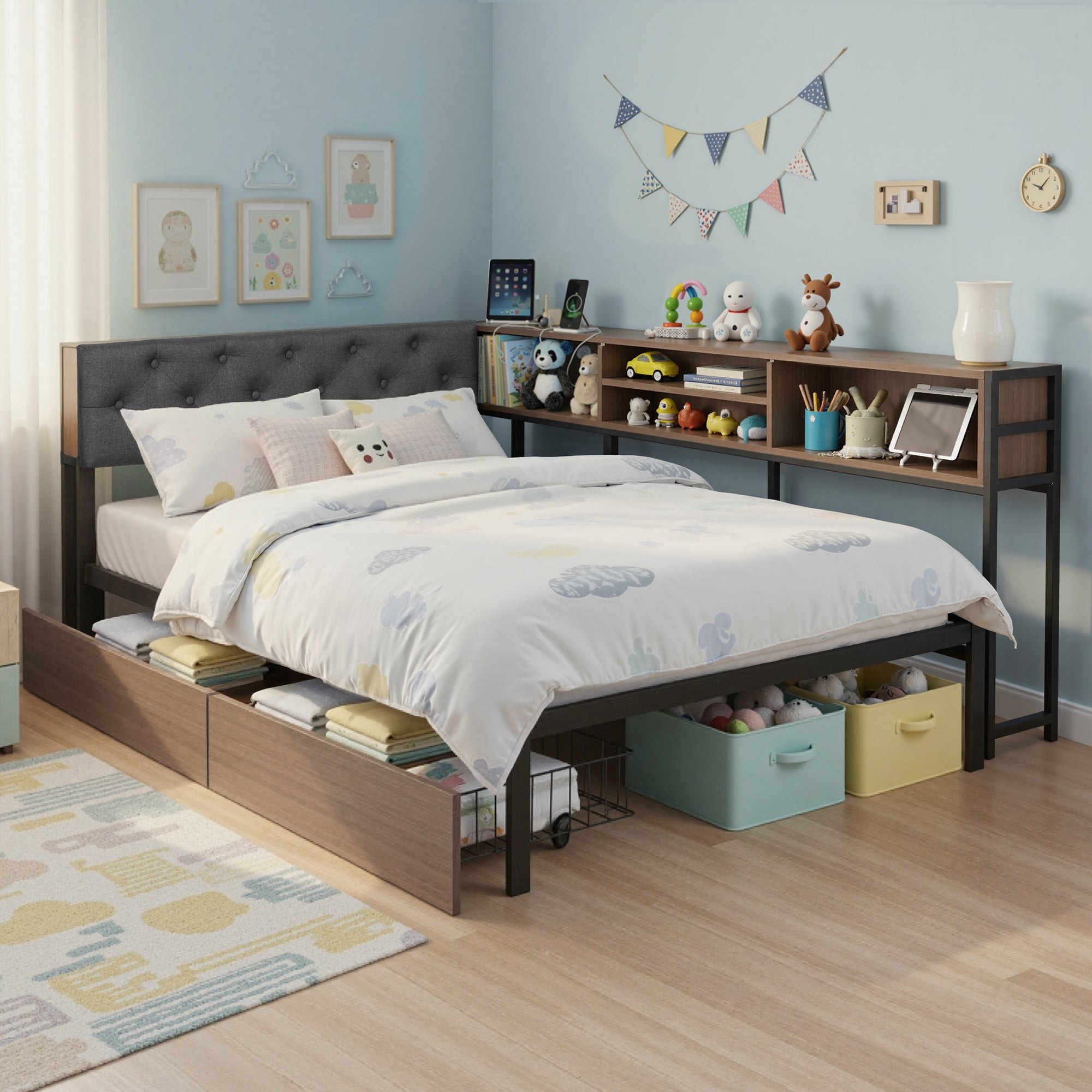 Artiss King Single Bed Frame w/ 2 Drawers & Charging