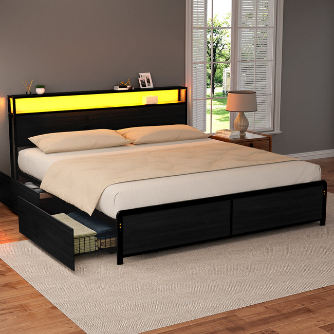 Artiss King Metal Bed Frame with Storage, LED & Charging Station