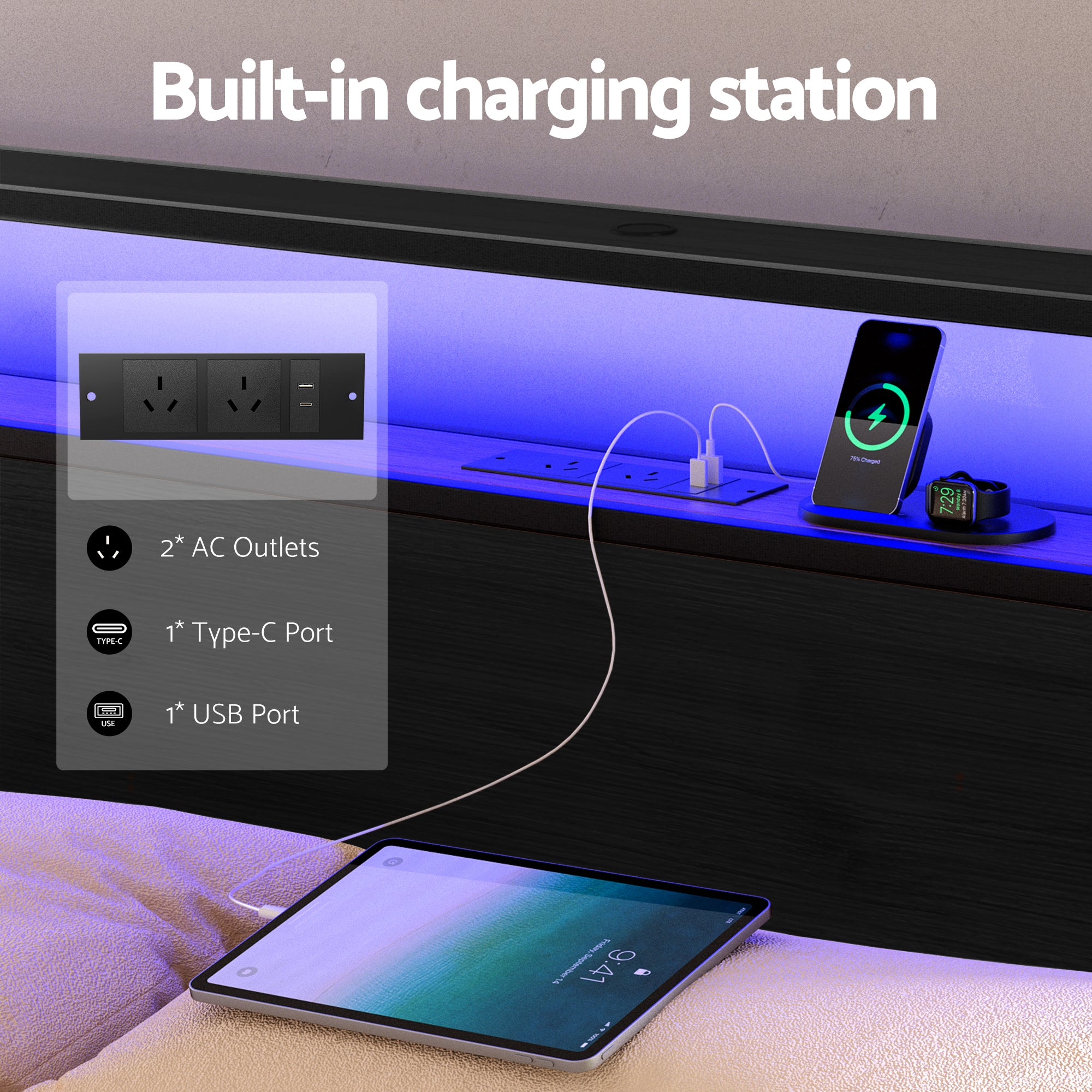 Artiss King Metal Bed Frame with Storage, LED & Charging Station