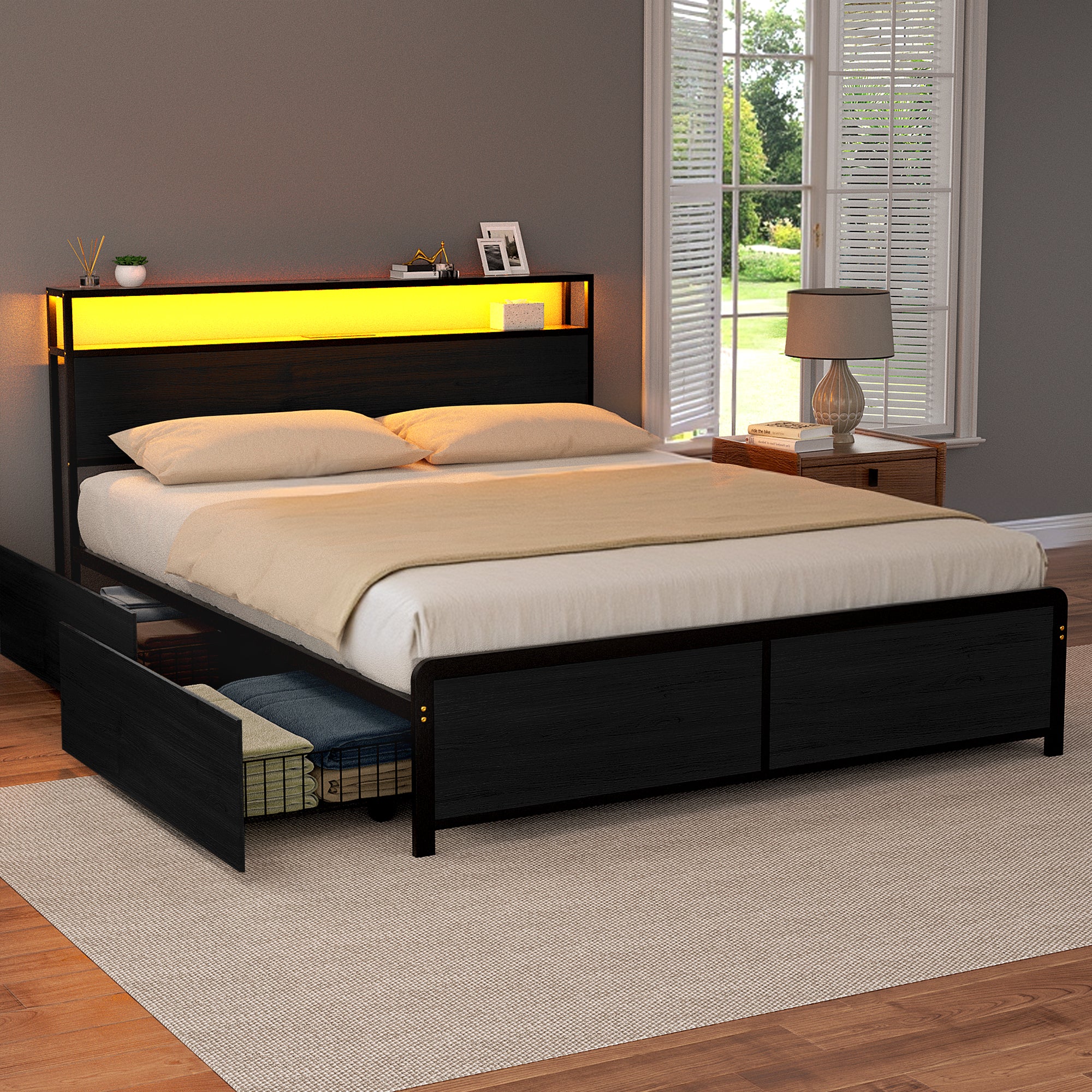Artiss Queen Metal Bed Frame with Storage, LED & Charging Station