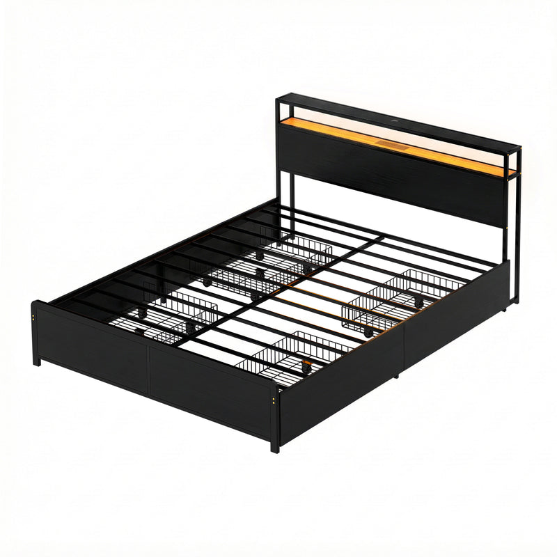 Artiss Queen Metal Bed Frame with Storage, LED & Charging Station