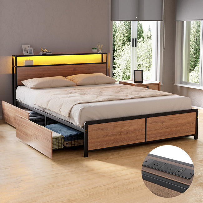 Artiss Queen Metal Bed Frame with 2-Tier Storage Headboard