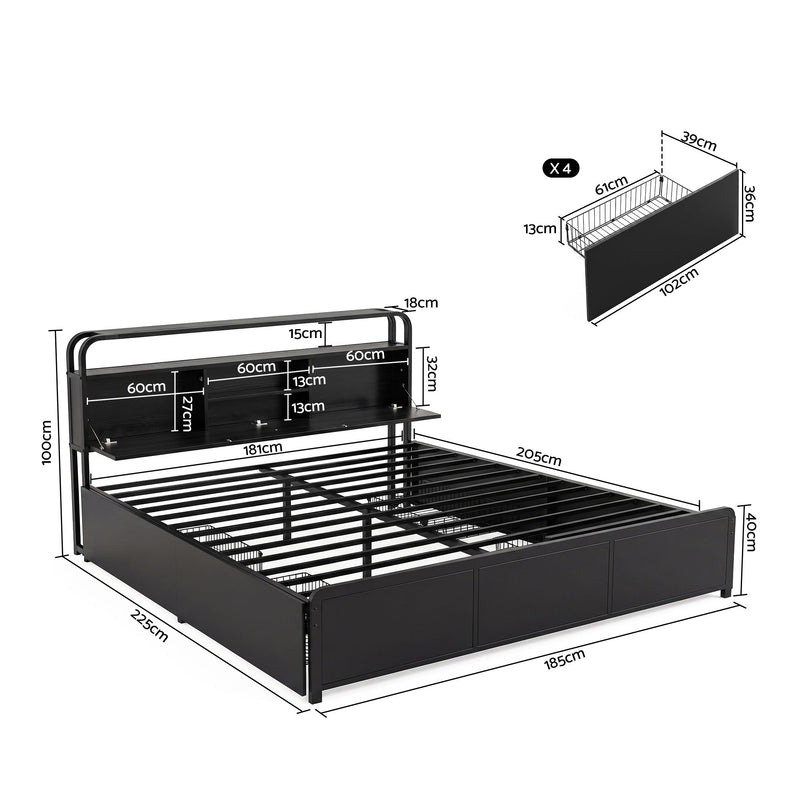 Artiss HEDY King Bed Frame with 4 Drawers & Storage Headboard