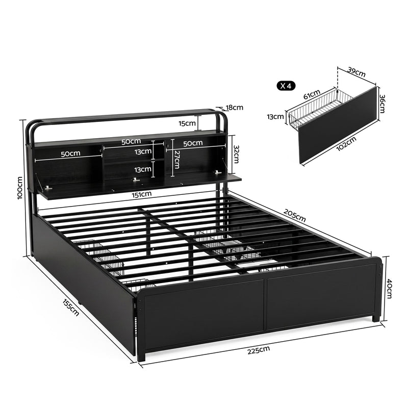 Artiss HEDY Queen Bed Frame with 4 Drawers & Storage Headboard