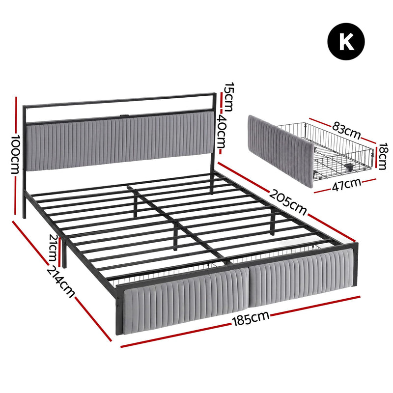 Artiss King Metal Bed Frame with LED & Charging Station