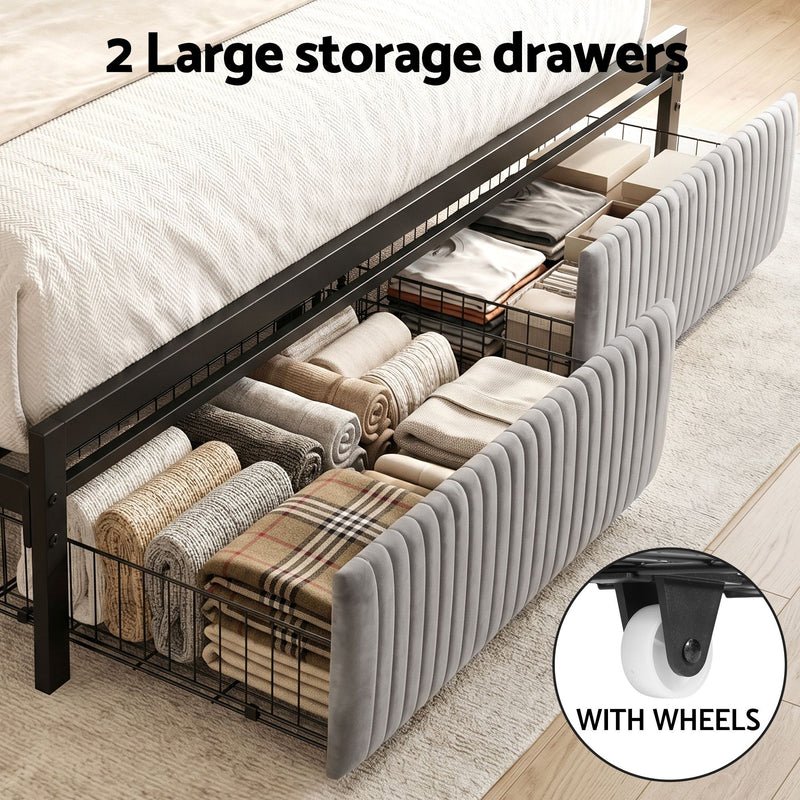 Artiss King Metal Bed Frame with LED & Charging Station
