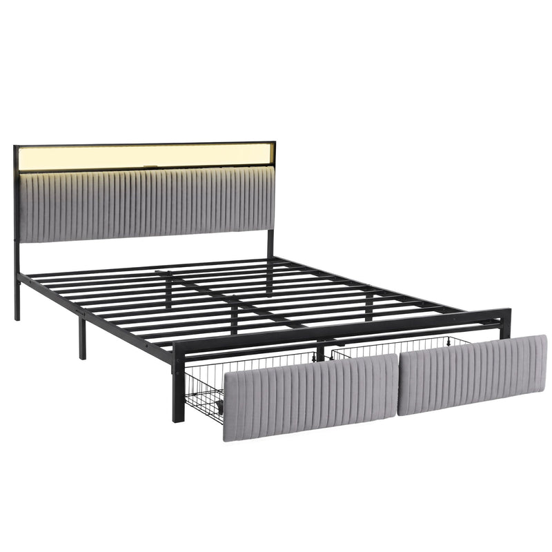 Artiss King Metal Bed Frame with LED & Charging Station