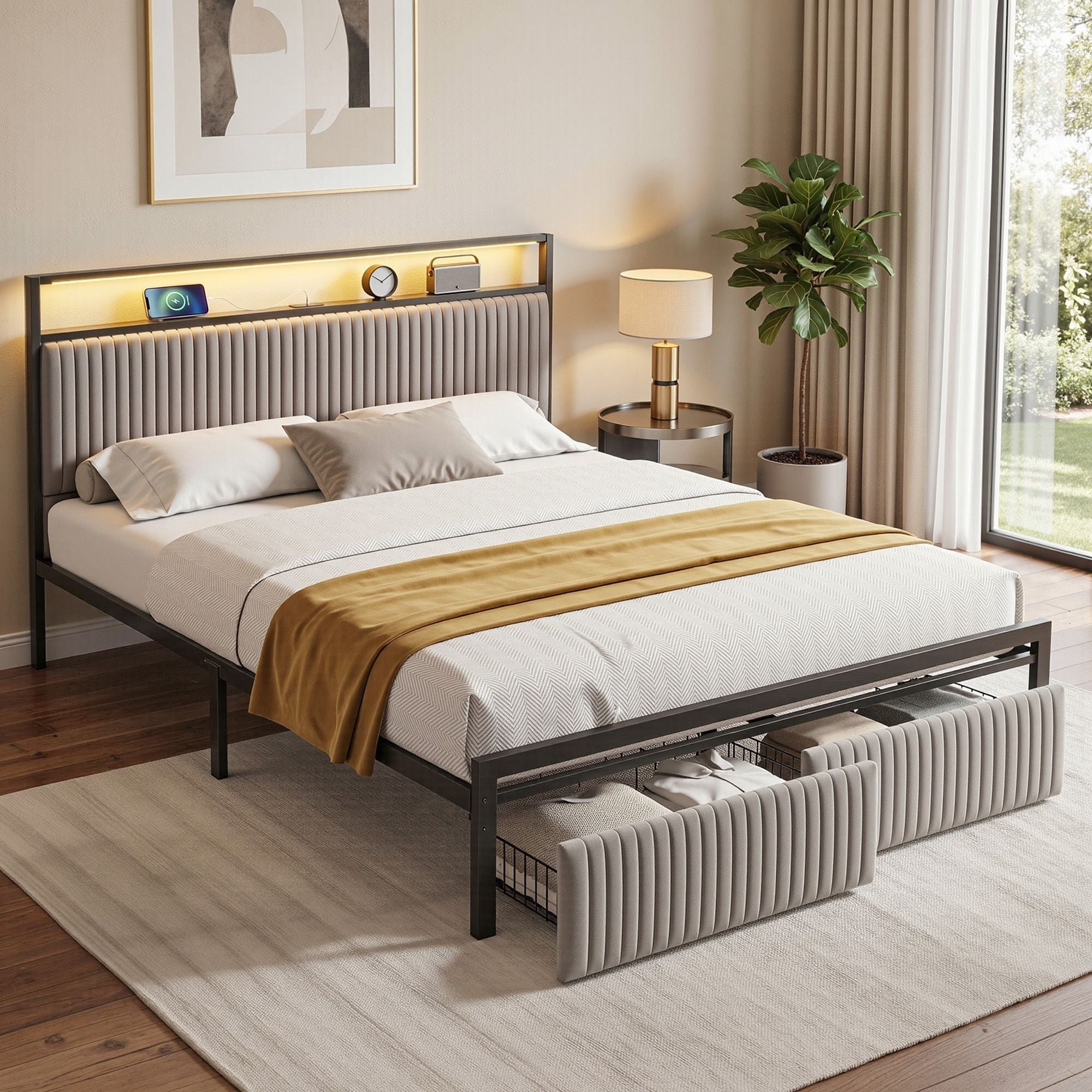 Artiss Queen Velvet Bed Frame with LED & Charging Station – Black