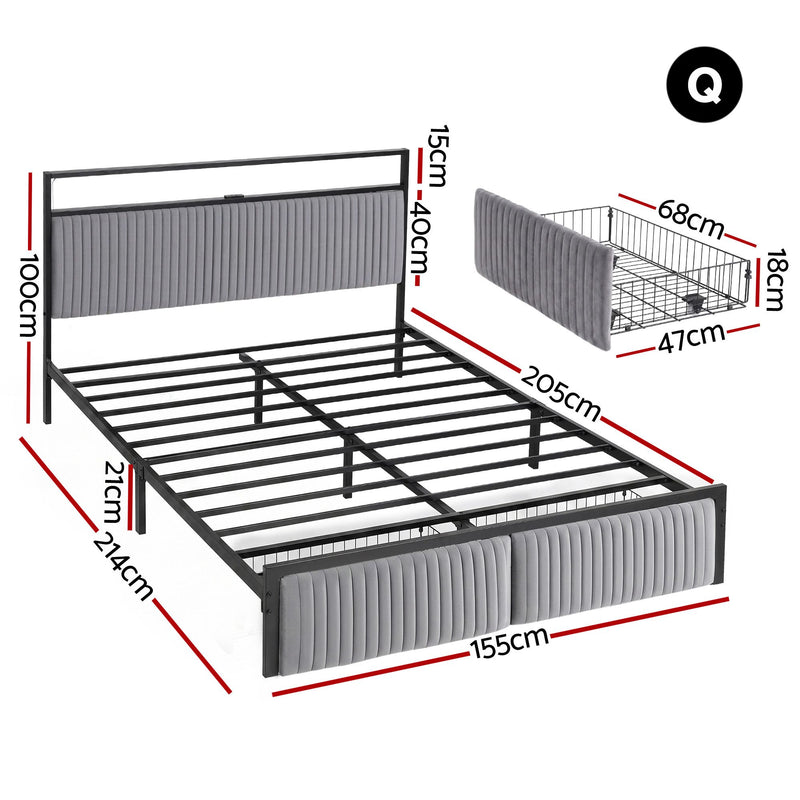 Artiss Queen Velvet Bed Frame with LED & Charging Station – Black