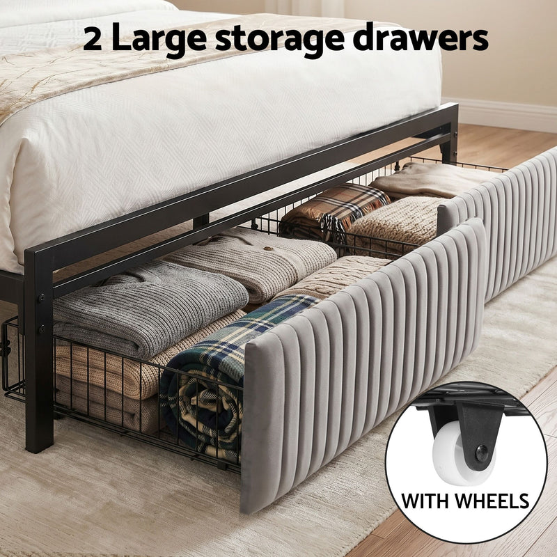 Artiss Queen Velvet Bed Frame with LED & Charging Station – Black
