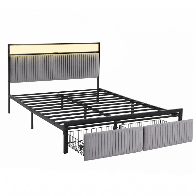 Artiss Queen Velvet Bed Frame with LED & Charging Station – Black