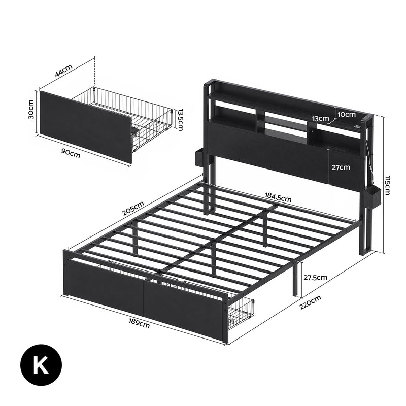 Artiss King Bed Frame with Charging Station, LED & Storage – ZAC