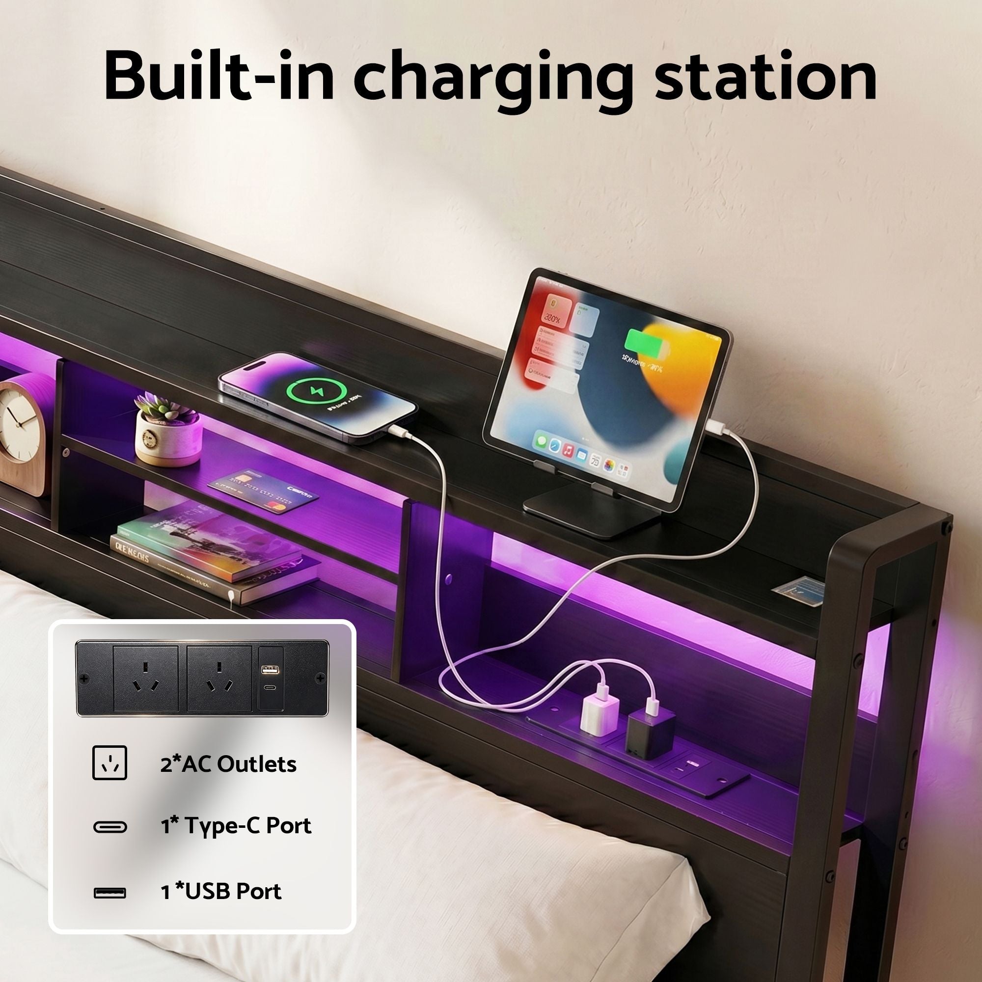 Artiss Queen Bed Frame with Charging Station, LED & Storage – ZAC