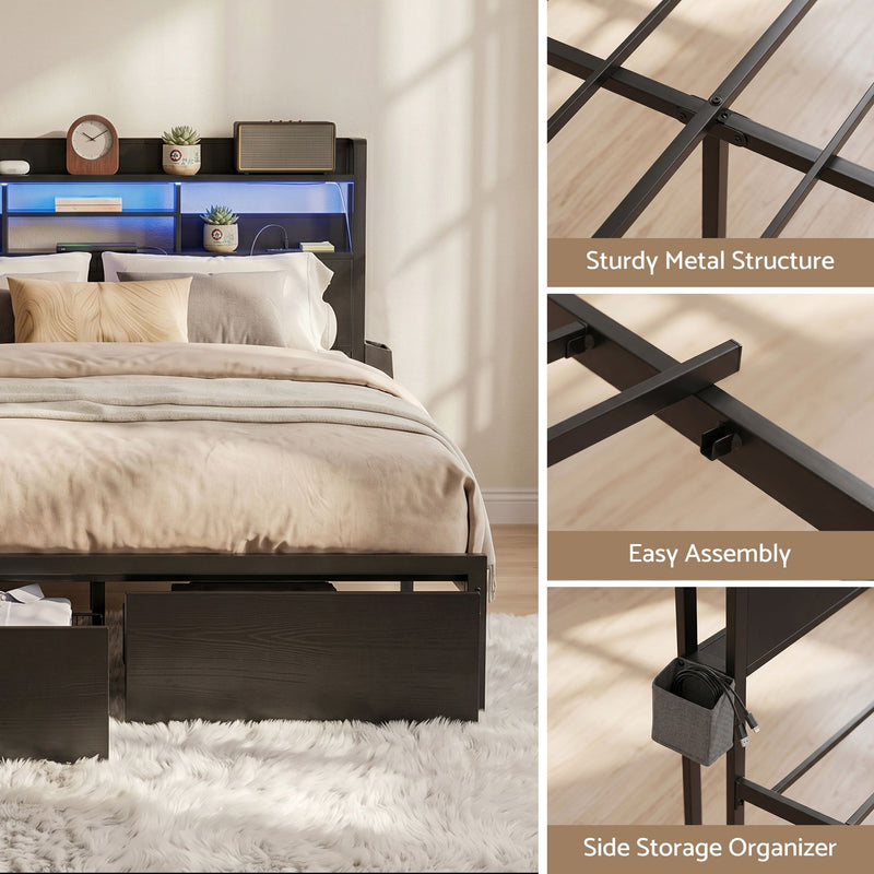 Artiss Queen Bed Frame with Charging Station, LED & Storage – ZAC