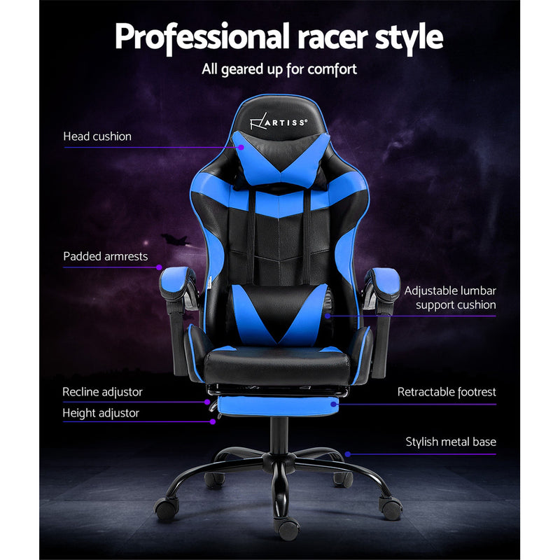 Blue Gaming Office Recliner Chair with Footrest